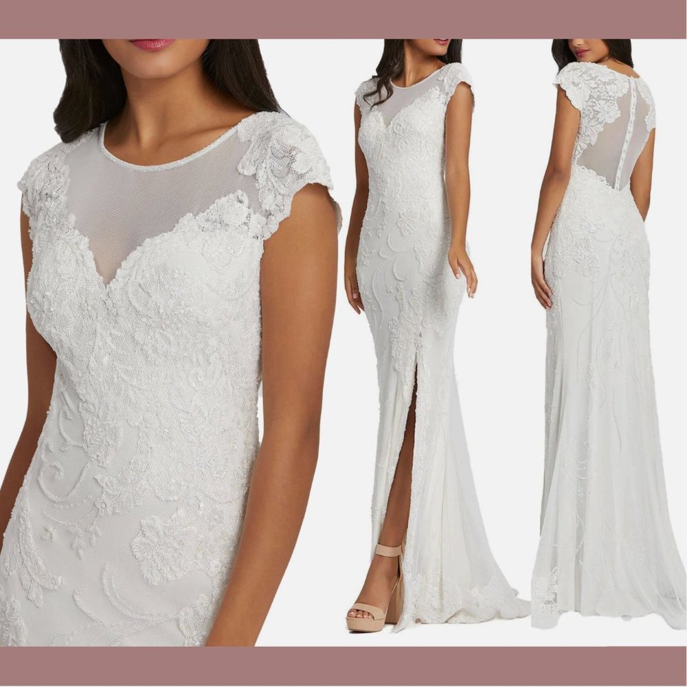 NWD $598 Mac Duggal [ 6 ] Illusion‎ Top Cap Sleeve Sweetheart Gown in White